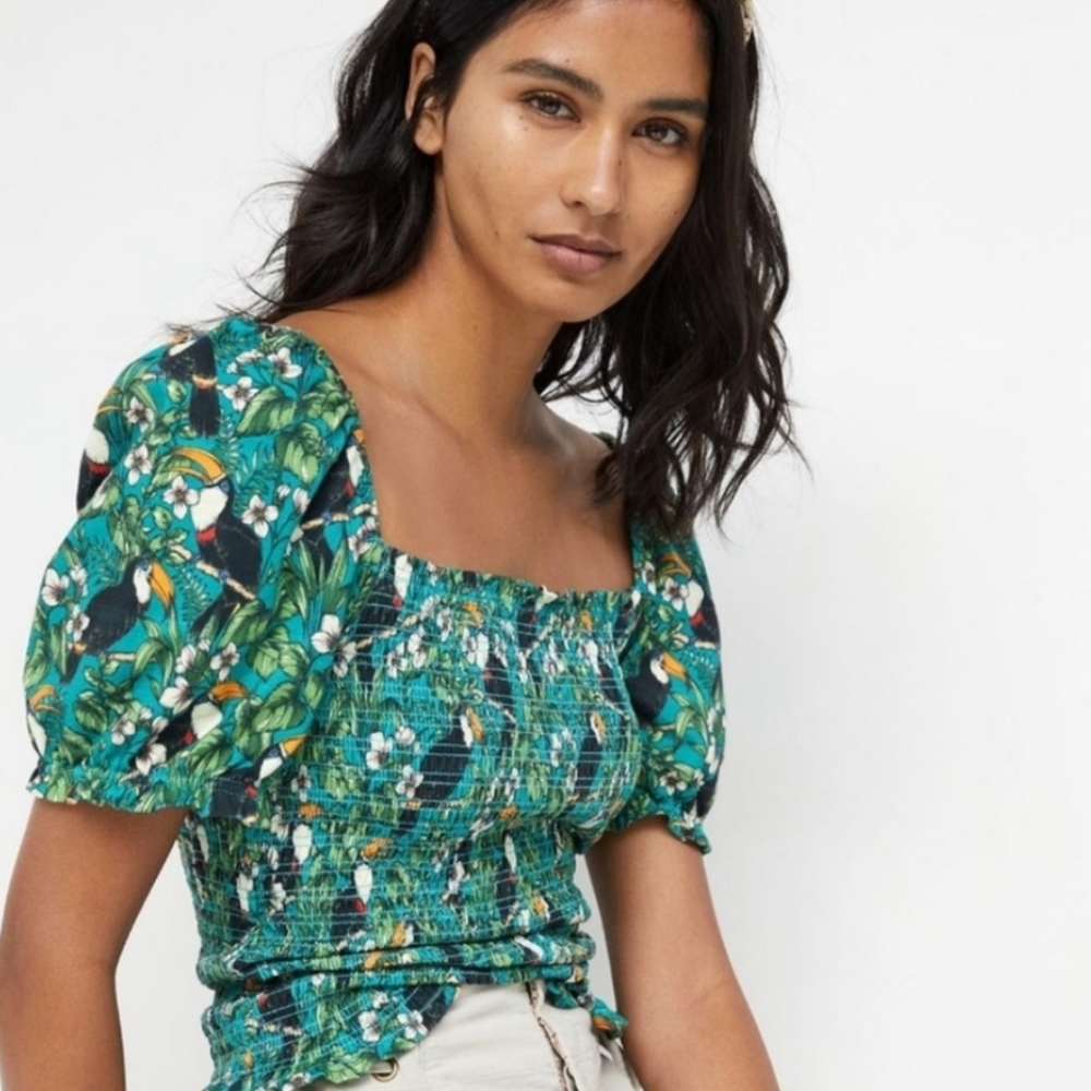Anthropologie Dolan Left Coast Smocked Puff-Sleeved Top in GREEN M NEW